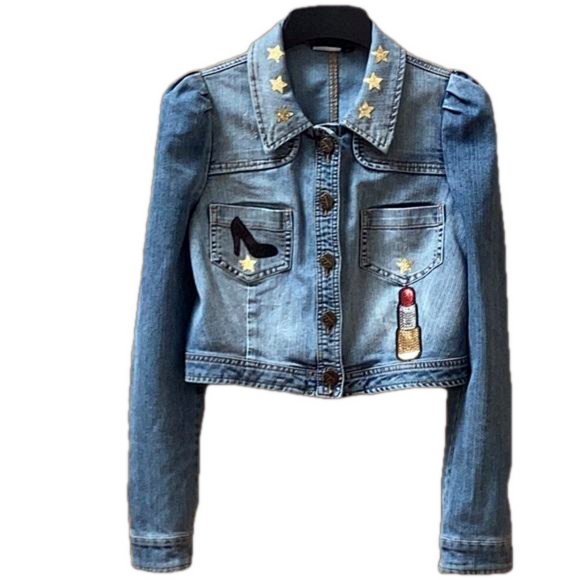 Allen B. By Allen Schwartz, distressed, cropped, unique jean jacket, women’s Med - Picture 1 of 16